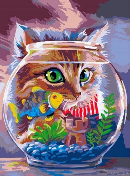 Cat Watching Fish 5D Full Drill Diamond Painting