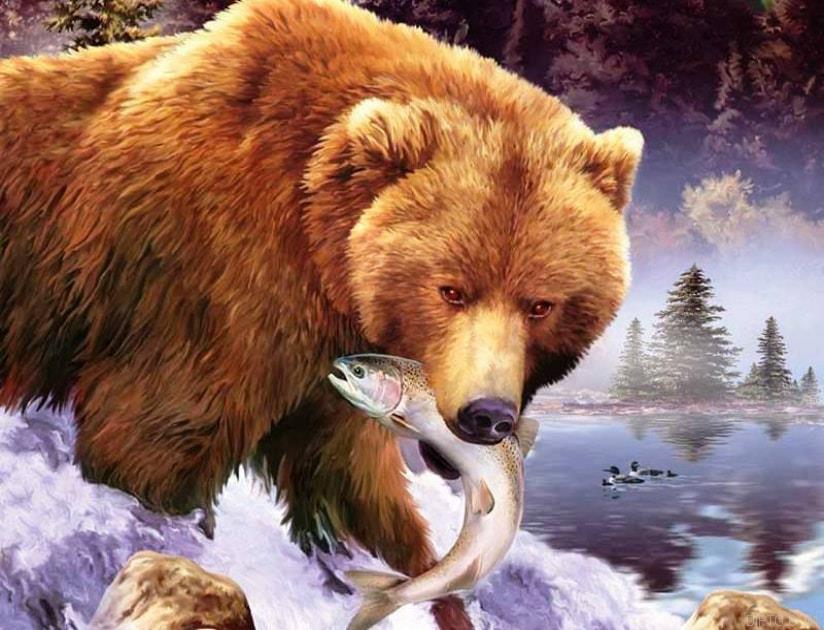 Bears Eating Fish 5D Full Drill Diamond Painting