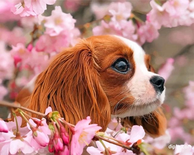 Cavalier Puppy And Blossoms Painting By Numbers Kits.jpg