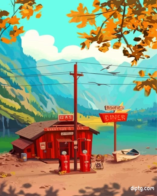 Gas Station By Lake Painting By Numbers Kits.jpg