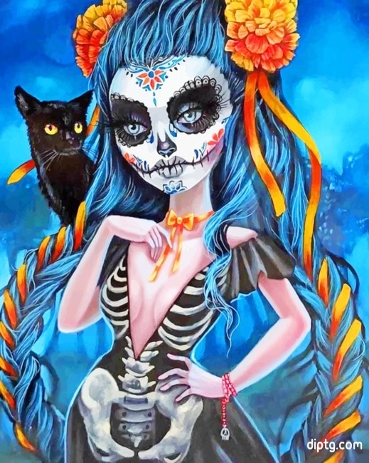 Sugar Skull Woman With A Black Cat Painting By Numbers Kits.jpg