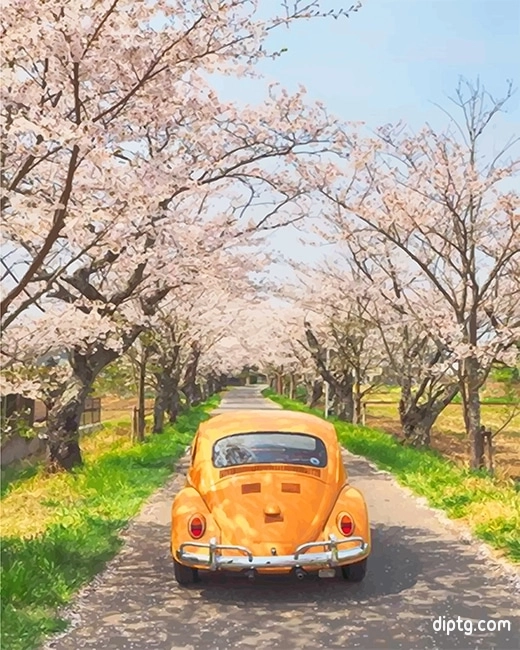 Yellow Vw And Cherry Blossom Painting By Numbers Kits.jpg