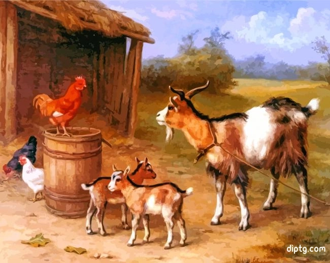 Farmyard Scene With Goats And Chickens Painting By Numbers Kits.jpg