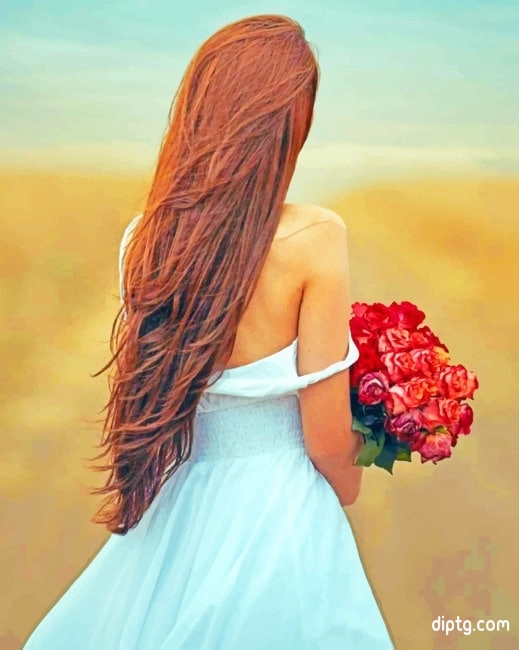 Long Hair Girl Holding Roses Painting By Numbers Kits.jpg