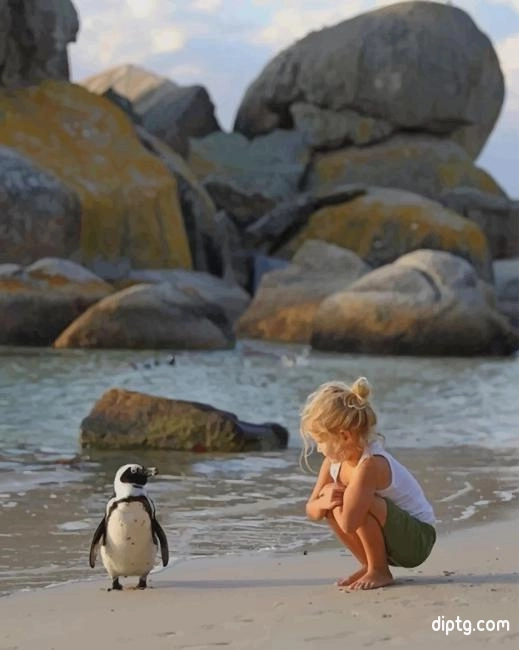 A Little Girl Trying To Talk To A Penguin Painting By Numbers Kits.jpg