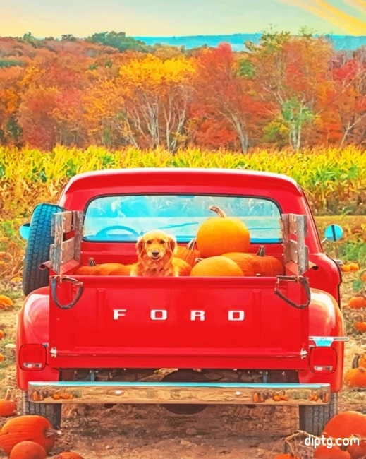 Dog And Pumpkins In A Red Truck Painting By Numbers Kits.jpg
