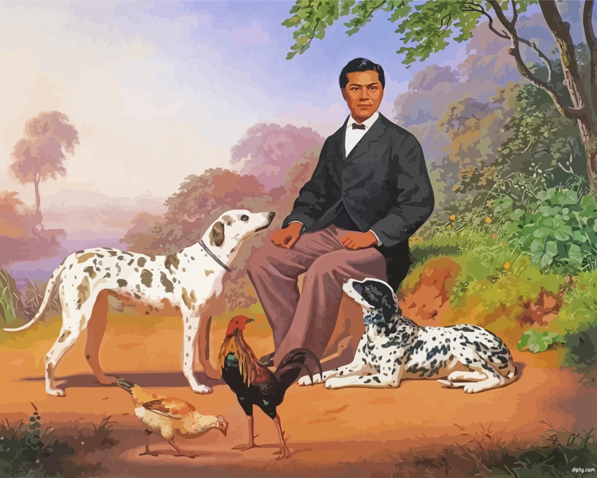 Man With Dalmatians And Chickens Painting By Numbers Kits.jpg