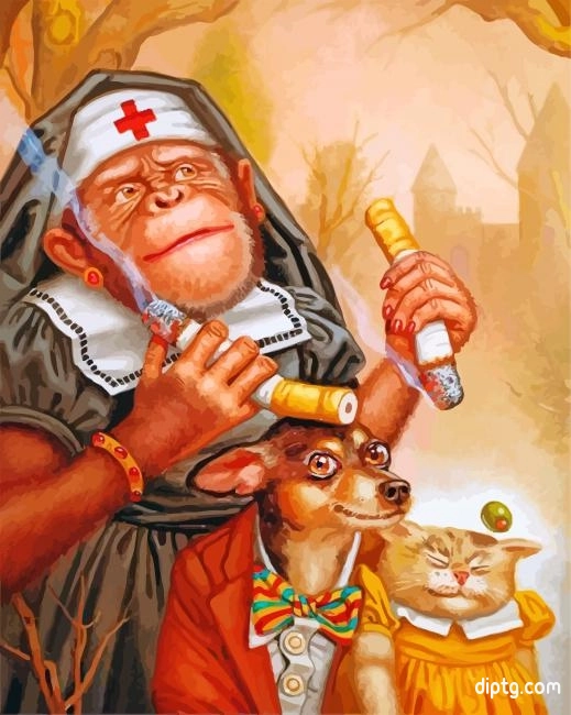 Monkey With A Dog And Cat Painting By Numbers Kits.jpg