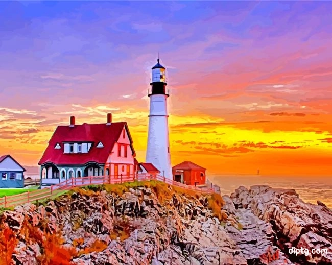 Sunset View In Portland Lighthouse Painting By Numbers Kits.jpg