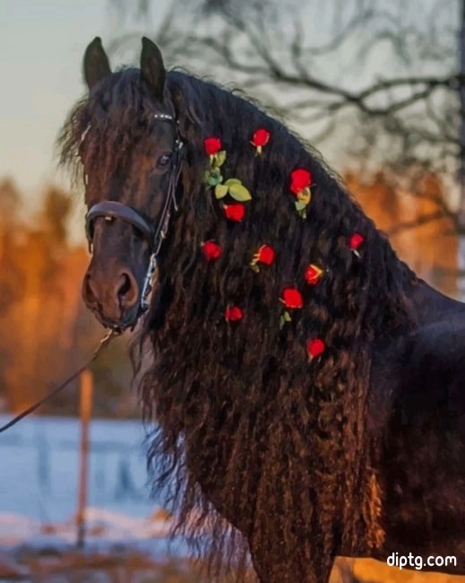 Black Horse With Red Flowers Painting By Numbers Kits.jpg