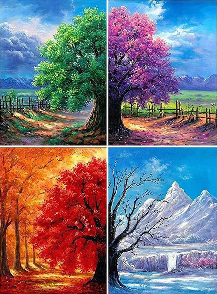 Four Seasons Trees Diamond Painting Kit 5d Diy Full Round Drill Diamond Art Painting Kits For Adults Diamond Mosaic Picture Of Rhinestone For Home Wall Room Decor 12x16 In